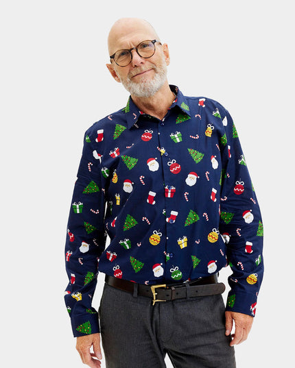 Blue Men's Christmas Shirt with Organic Cotton and Patterns