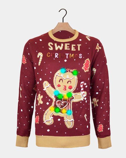 LED Ginger Cookie Couples Christmas Sweater - Red
