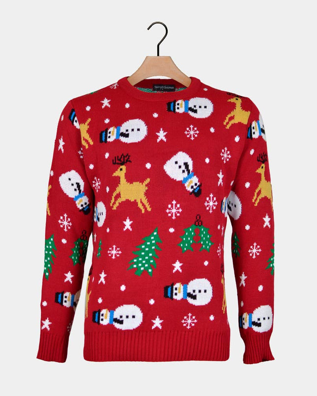 Red Men's Christmas Sweater with Snowman - Festive Comfort