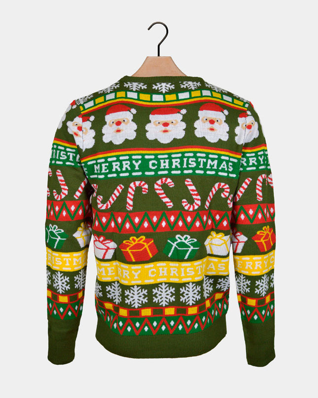 Green Christmas Sweater with Santa and Gifts