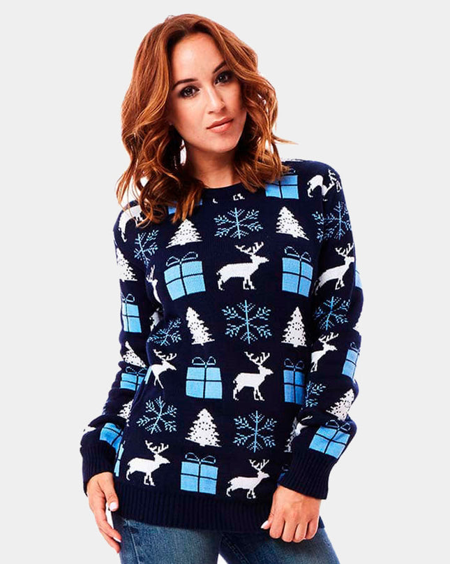Blue Christmas Sweater for Couples - Reindeer, Gifts, and Trees