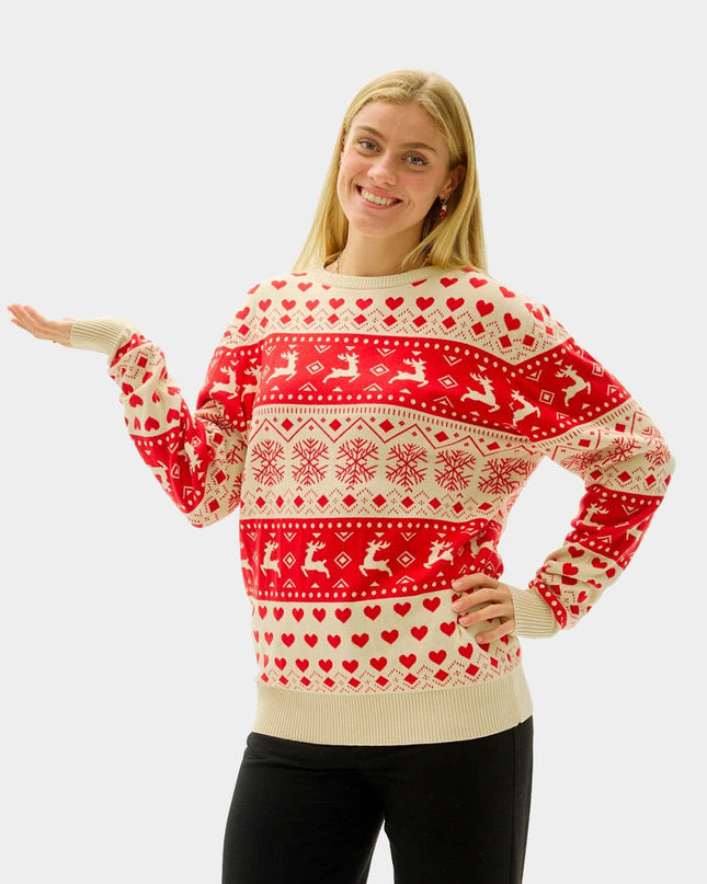 Organic Cotton Beige Christmas Sweater for Couples with Red Hearts