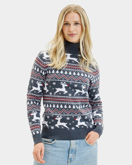 Gray Turtleneck Christmas Sweater for Couples with Reindeer