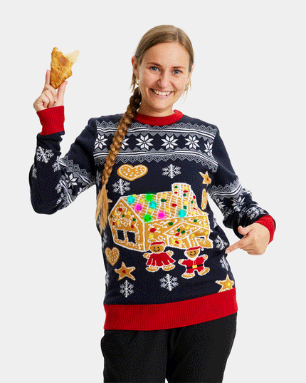 LED Lighted Gingerbread House Couple Christmas Sweater