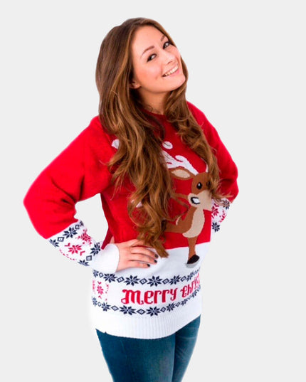 Red Christmas Sweater for Couples - Ice Skating Reindeer Design