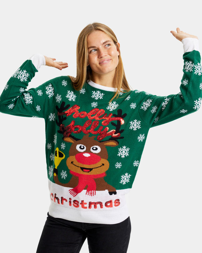 Christmas Sweater for Couples Green Holly Jolly Glitter