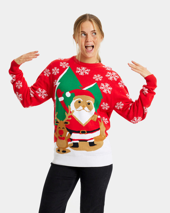 Kids Christmas Sweater with Santa and Reindeer Waving