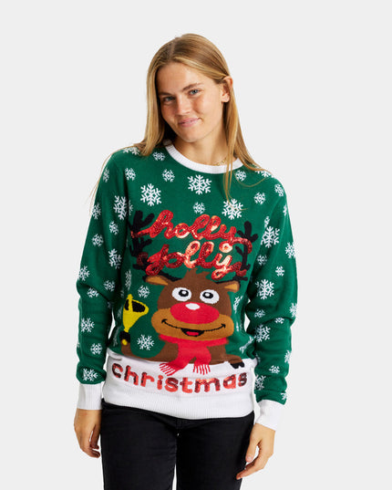 Women's Green Holly Jolly Christmas Sweater with Sequins