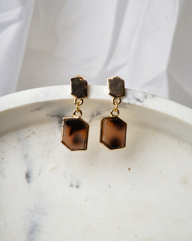 Brown Hexagon Marble Earrings