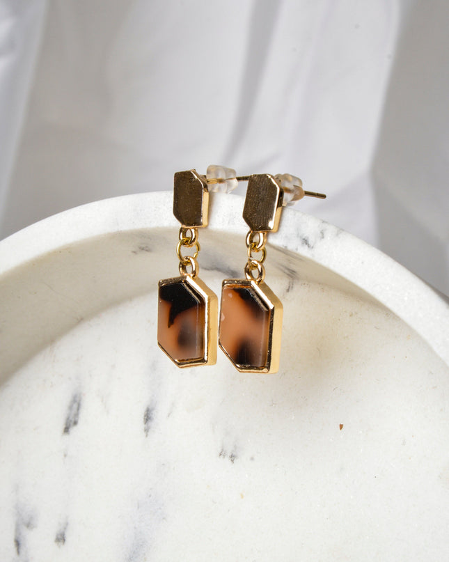 Brown Hexagon Marble Earrings