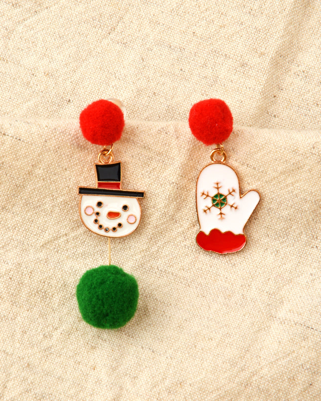 Christmas Earrings with Snowman and Gloves Design
