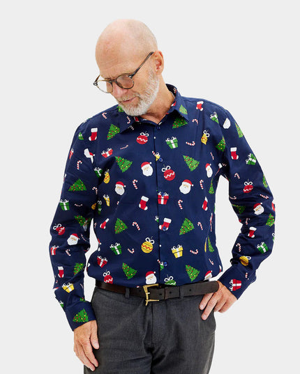 Blue Men's Christmas Shirt with Organic Cotton and Patterns