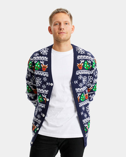 Blue Cardigan Christmas Sweater with Reindeer and Trees