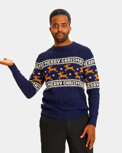 Chic Organic Cotton Blue Christmas Sweater for Couples with Reindeer