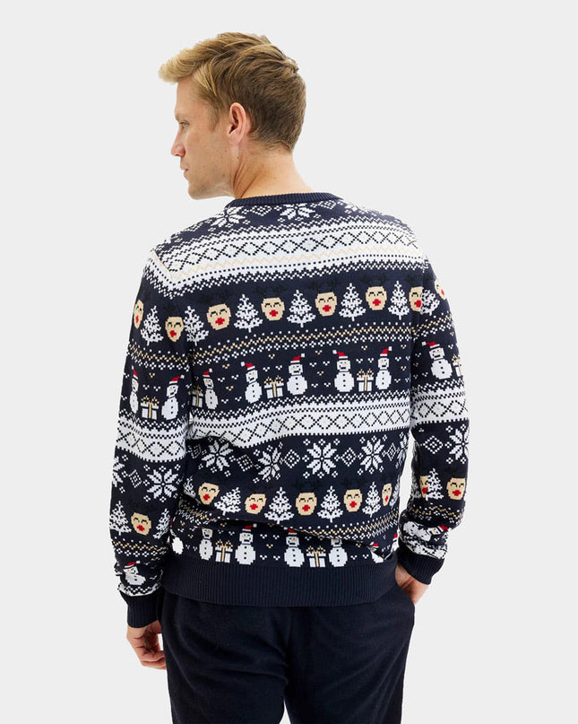 Couple's Christmas Sweater Blue with Snowmen and Trees