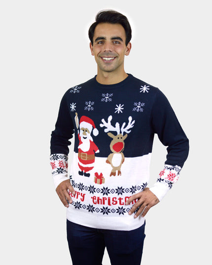 Organic Cotton Blue Christmas Sweater for Couples - Santa and Rudolph