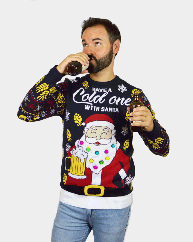 LED Christmas Sweater for Couples Santa Beer Design
