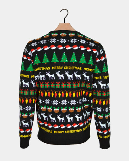 Christmas Sweater for Men Black with Trees, Reindeer, and Gifts