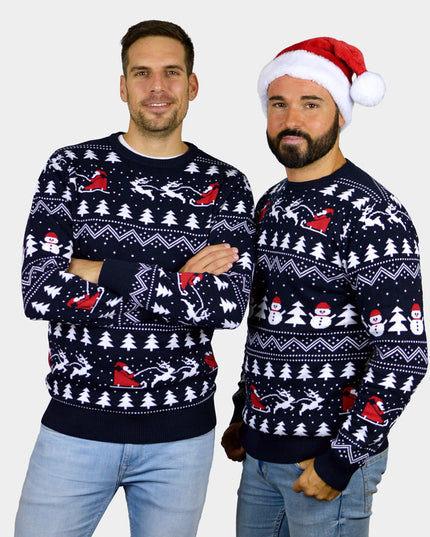 Blue Couples Christmas Sweater - Trees, Snowmen, and Santa