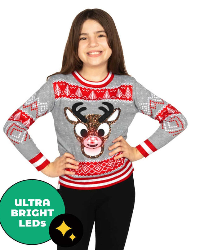 Girl's Sequin Rudolph Light Up Ugly Christmas Sweater