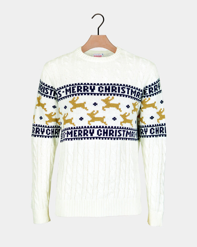 Women's Chic White Christmas Sweater with Reindeer in Organic Cotton