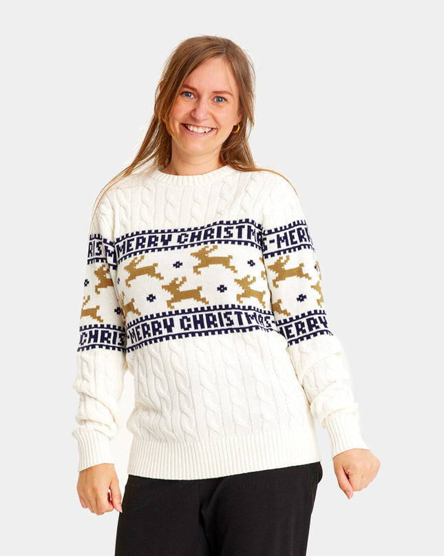Women's Chic White Christmas Sweater with Reindeer in Organic Cotton