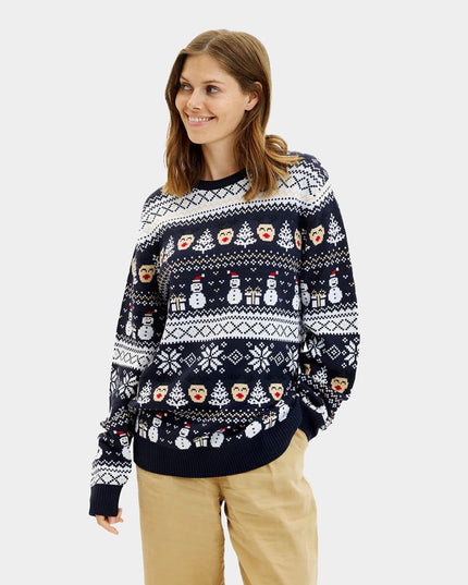 Women's Blue Christmas Sweater with Snowmen and Trees