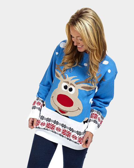 Women's Sky Blue Christmas Sweater with Reindeer and Snow