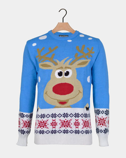 Women's Sky Blue Christmas Sweater with Reindeer and Snow