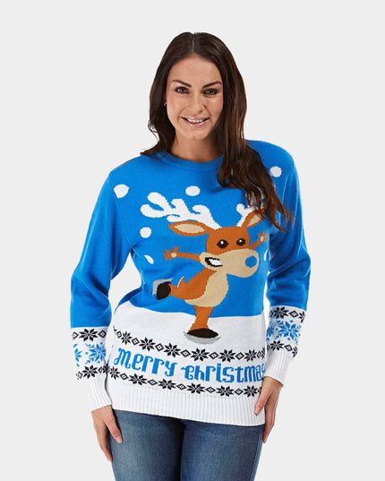 Women's Blue Sky Christmas Sweater with Skating Reindeer