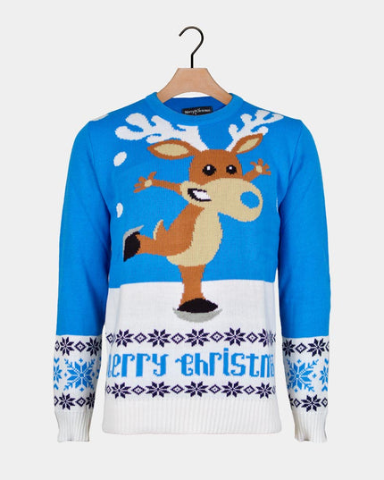 Women's Sky Blue Christmas Sweater with Ice Skating Reindeer