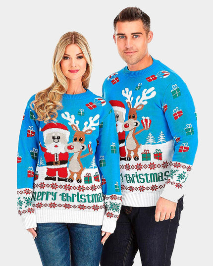 Women's Sky Blue Christmas Sweater with Rudolph and Santa
