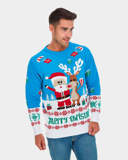Women's Blue Sky Christmas Sweater with Rudolph and Santa Claus