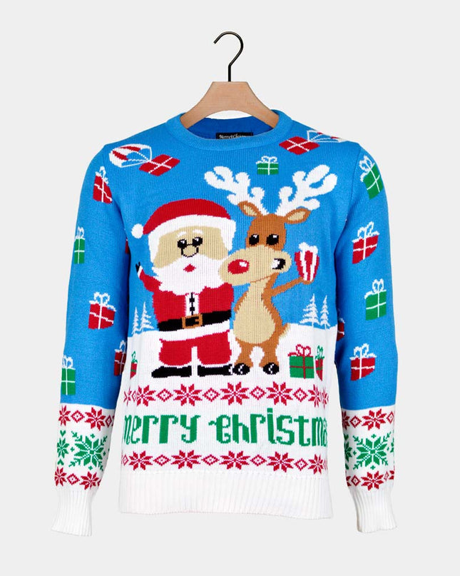Women's Sky Blue Christmas Sweater with Rudolph and Santa