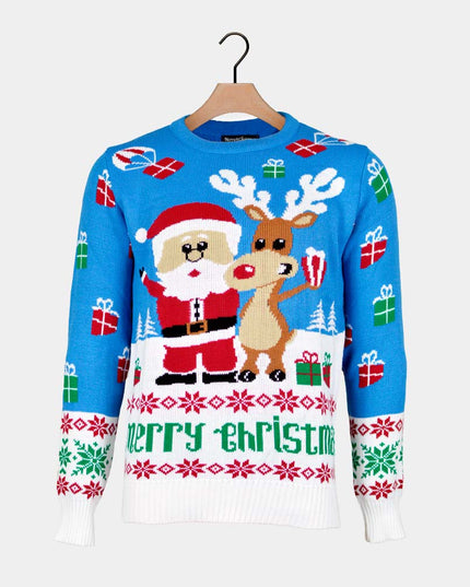 Sky Blue Couple Sweater with Rudolph and Santa