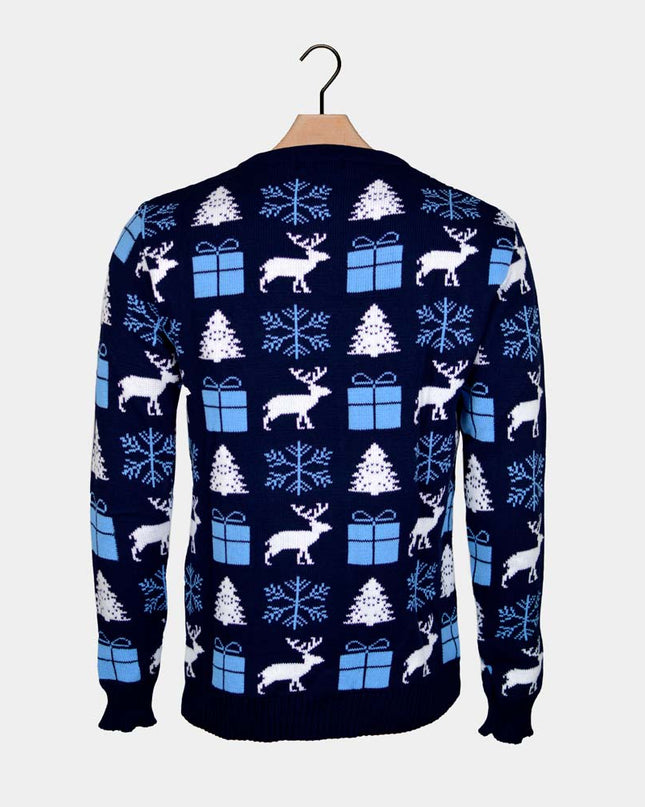 Blue Christmas Sweater for Couples - Reindeer, Gifts, and Trees