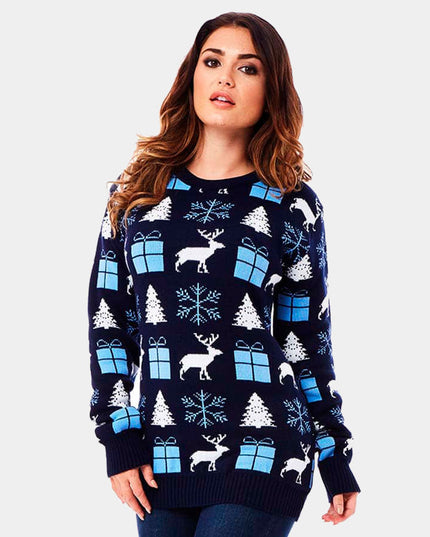 Women's Blue Sweater with Reindeer, Gifts, and Trees