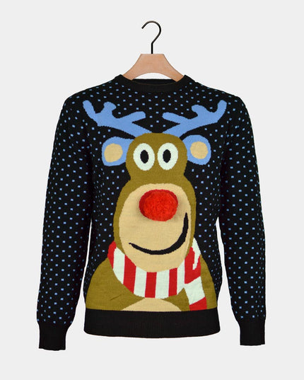 Family Christmas Sweater Blue with 3D Red-Nosed Reindeer