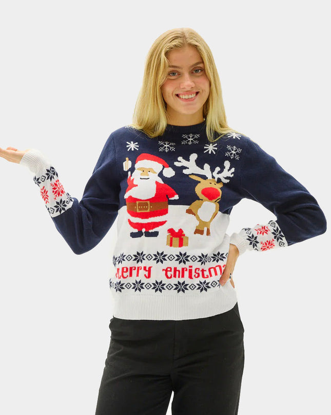 Blue Christmas Sweater for Women with Santa and Rudolph