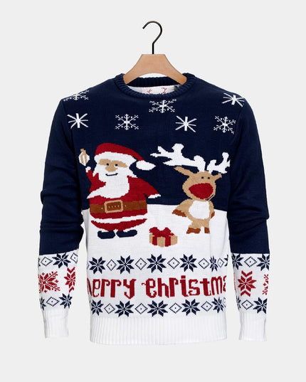 Blue Santa and Rudolph Reindeer Christmas Sweater in Organic Cotton