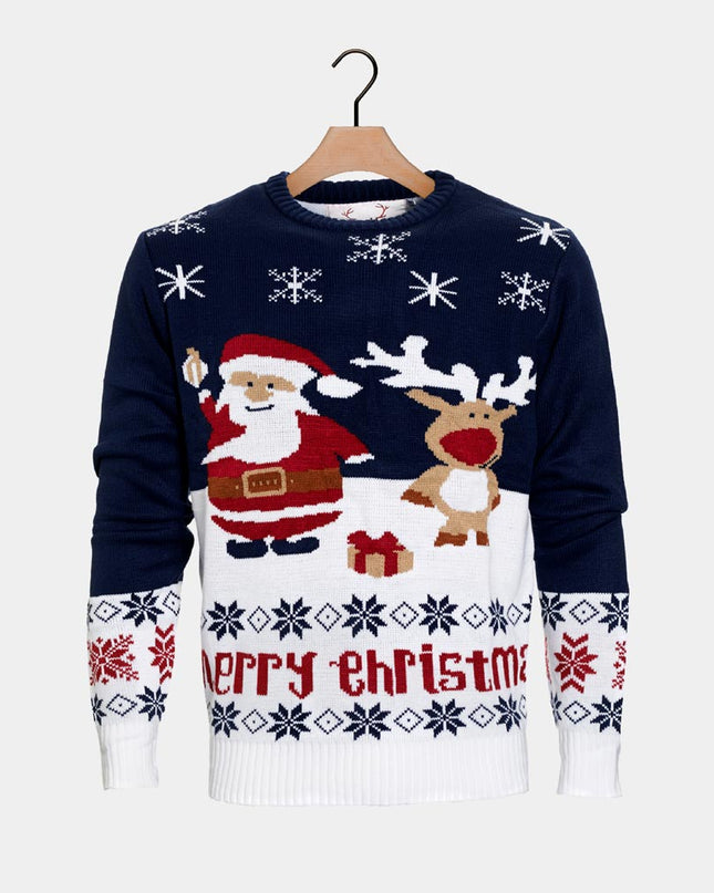 Blue Christmas Sweater for Men with Santa and Rudolph