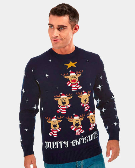 Women's Blue Christmas Sweater with Reindeer, Tree, and Star