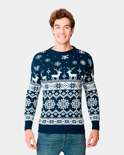 Blue Christmas Sweater with Reindeer and Nordic Star 2022