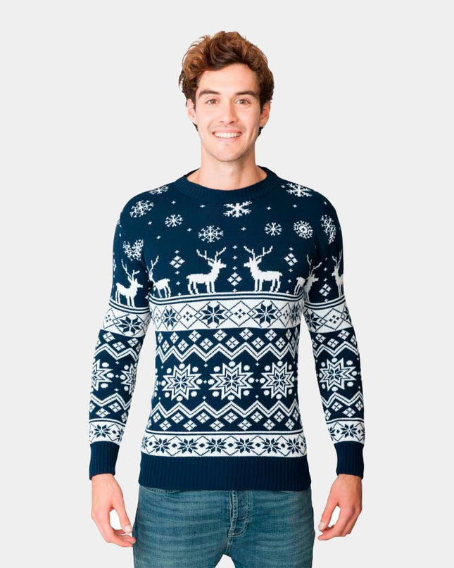 Blue Christmas Sweater with Reindeer and Nordic Star 2022