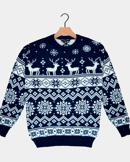 Blue Christmas Sweater with Reindeer and Nordic Star 2022