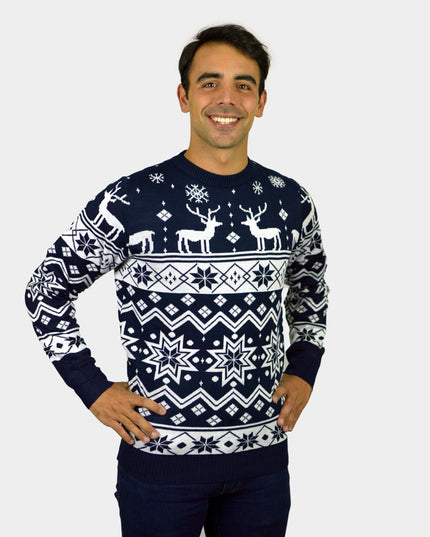 Blue Christmas Sweater for Men with Reindeer and Nordic Star