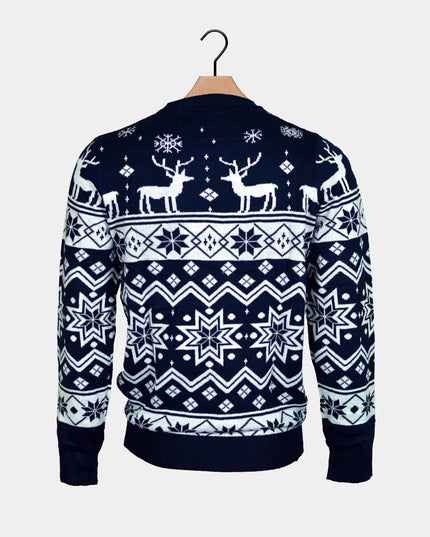 Blue Christmas Sweater for Men with Reindeer and Nordic Star