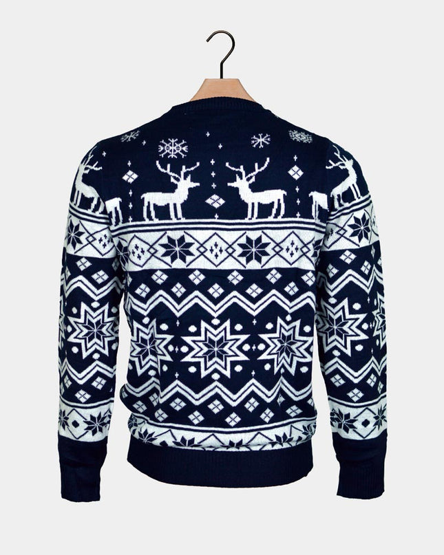 Blue Christmas Sweater for Men with Reindeer and Nordic Star