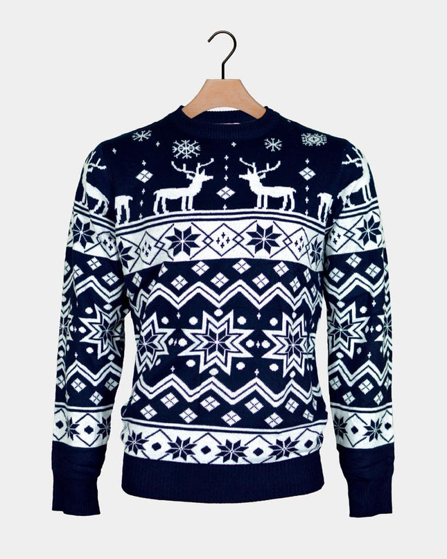 Women's Blue Christmas Sweater with Reindeer and Nordic Star