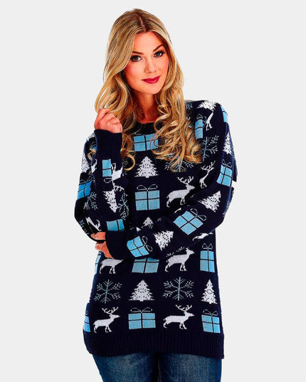 Women's Blue Sweater with Reindeer, Gifts, and Trees